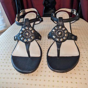 Coach 8.5 M black leather strappy wedge sandals